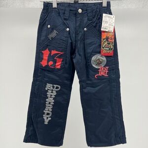 Y2K Ed Hardy Boys Cargo Pants Navy Blue Size 6 Embroidered Patches Pockets NWT